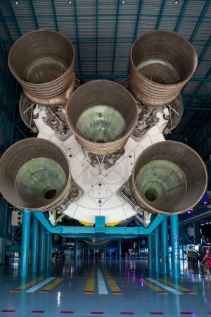 Photo for Cape Canaveral, Florida, USA - December 2021: Rear view of Saturn V at the Apollo/Saturn V Center at Kennedy Space Centre in Merritt Island, Florida. USA - Royalty Free Image