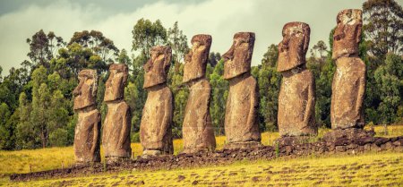 Photo for Ahu Akivi  on Easter Island in the Valparaso Region of Chile. The site has seven moai, all of equal shape and size, and is also known as a celestial observatory. - Royalty Free Image