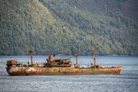 Photo for Wreck of freighter MV Captain Leonidas in Canal Messier on 7 April 1968 while on a voyage from Santos to Valparaiso with sugar. Patagonian Fjords, Chile - 23 January 2020 - Royalty Free Image