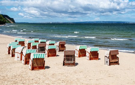 Beach chairs at the Baltic Sea . Pier of Sellin at Ruegen Island, Germany