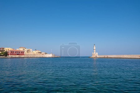Venetian harbor and lighthouse in Chania, Crete, Greece.