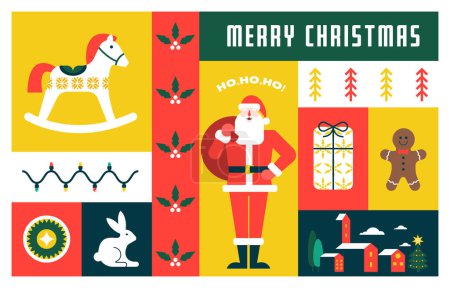 Foto de Fondo de Navidad simple, elegante diseño plano estilo minimalista. Feliz bandera de Navidad. Santa Claus, Juguete de caballos, decoraciones y elementos de árboles de Navidad. Diseño de concepto retro limpio. Ilustración vectorial - Imagen libre de derechos