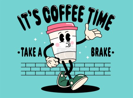 Lustige Cartoon-Figur der Kaffeetasse. Kann als Aufkleber, Poster, Drucke verwendet werden. Die Comic-Elemente im trendigen Retro-Cartoon-Stil. Vektorillustration