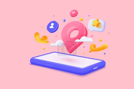 Illustration for Smartphone with map 3D Illustration, 3D Map pins, GPS, navigator pin checking poins. 3d Vector illustration - Royalty Free Image