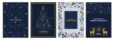 Foto de Conjunto de plantillas de tarjetas florales de Navidad y Feliz Año Nuevo. Diseño de tarjetas navideñas con adornos de ramas, bayas y hojas. Ilustración vectorial - Imagen libre de derechos