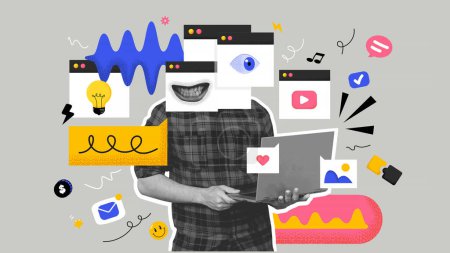 Illustration for Poster banner collage of man blogger posting photo on Social Network account get many network reactions notification. Contemporary collage art. Vector illustration - Royalty Free Image