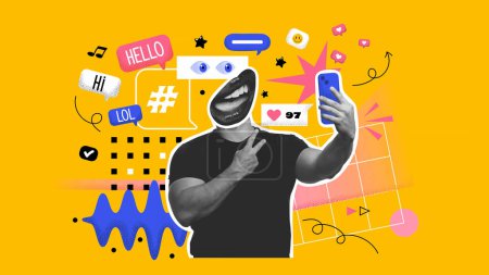 Happy Man Holding Smartphone With Hearts And Like Buttons Standing On Yellow Studio Background. Phone User Networking Online Using Social Media, Reading Feed News, Commenting And Sharing Posts. Vector Illustration