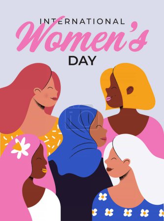 Foto de Cartel del Día Internacional de la Mujer. ilustración con mujeres de diferentes nacionalidades y culturas. Ilustración vectorial - Imagen libre de derechos