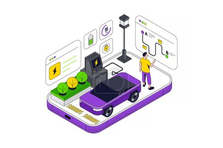 Illustration for Electric automobile, mobile phone, speedometer, wrench, electronic indicators. Concept of smart car monitoring or remote control system, maintenance and repair service. Isometric vector illustration. - Royalty Free Image