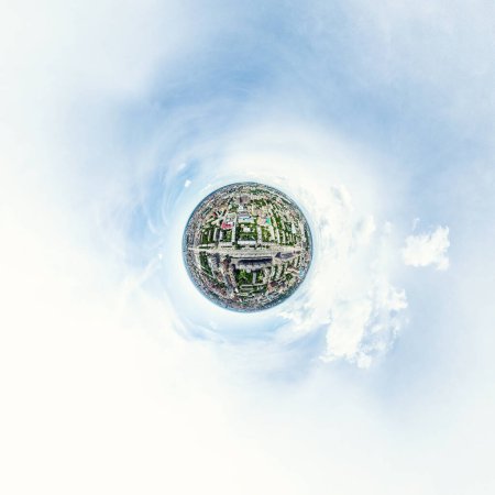 Photo for Aerial city view with crossroads and roads, houses, buildings, parks and parking lots, bridges. Helicopter drone shot. Wide Panoramic image. - Royalty Free Image