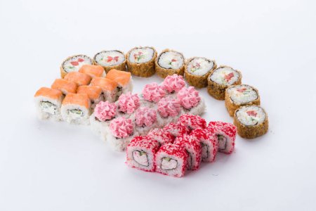 Photo for Sushi set and composition at white background. Japanese food restaurant, sushi maki gunkan roll plate or platter set. - Royalty Free Image