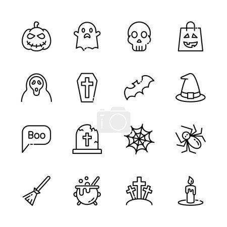 Téléchargez les illustrations : Halloween événement ligne mince icônes ensemble, exemple de signe d'horreur, citrouille, fantôme, crâne, tour ou régal. illustration vectorielle - en licence libre de droit