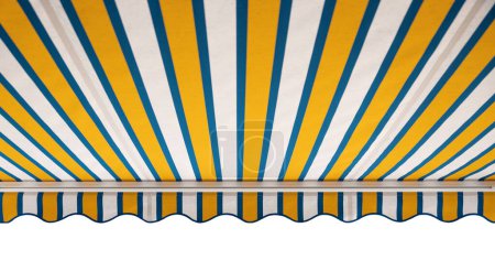 Photo for Striped fabric sun protection awning on white background - Royalty Free Image