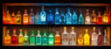 Foto de Botellas de alcohol coloridas borrosas en los estantes de la barra con la luz de fondo - Imagen libre de derechos