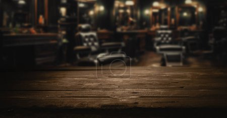 Foto de Tablero de madera vacío para la exhibición del producto en fondo oscuro borroso del interior de la barbería - Imagen libre de derechos