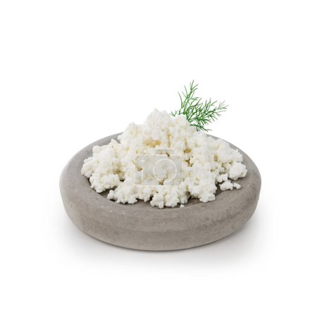 Foto de Requesón con hierba en plato de piedra aislado sobre fondo blanco - Imagen libre de derechos