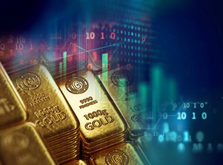 pila de barras de oro brillantes en la tendencia descendente gráfico de precios del oro financiero, concepto de colapso de la economía y la crisis financiera, ilustración 3d