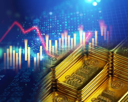 Photo for Stack of  shiny gold bars on down trend financial gold price graph ,concept of economy crash and financial crisis, 3d illustratio - Royalty Free Image