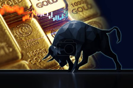 Foto de Pila de barras de oro brillantes en la tendencia descendente gráfico de precios del oro financiero, concepto de colapso de la economía y la crisis financiera, ilustración 3d - Imagen libre de derechos