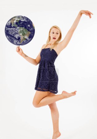 woman holding globe in her hands, earth flattable