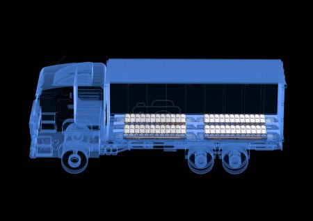3d rendering x-ray ev logistic trailer truck or electric vehicle lorry with pack of battery cells module isolated on black background