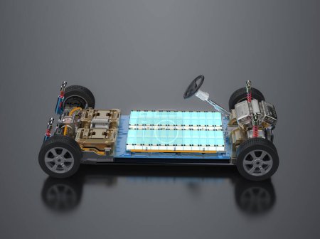 Photo for 3d rendering electric car with pack of battery cells module on platform - Royalty Free Image