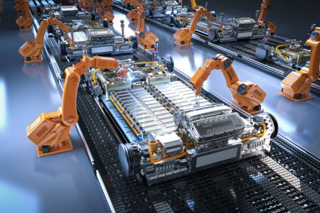 Téléchargez les photos : Concept d'usine automobile d'automatisation avec chaîne d'assemblage de robot de rendu 3d avec module de cellules de batterie de voiture électrique sur la plate-forme - en image libre de droit
