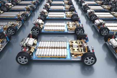 grupo de representación 3d de coches eléctricos con paquete de módulo de celdas de batería en la plataforma en una fila
