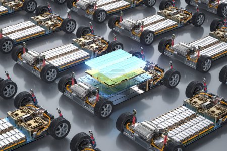 3D-Rendering-Gruppe von Elektroautos mit Batteriezellen-Modul auf einer Plattform hintereinander