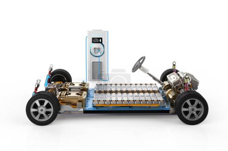 3d rendering electric car battery plug in with ev charging station