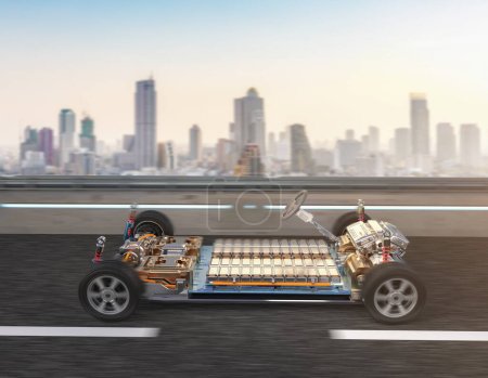 Foto de Negocio del coche eléctrico con el coche del ev de la representación 3d con el paquete del módulo de las células de batería en carretera - Imagen libre de derechos