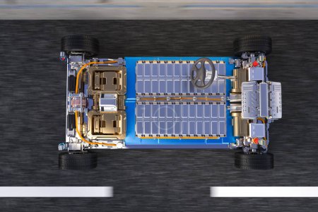 Foto de 3d renderizado ev coche con paquete de módulo de celdas de batería en vista superior de la carretera - Imagen libre de derechos