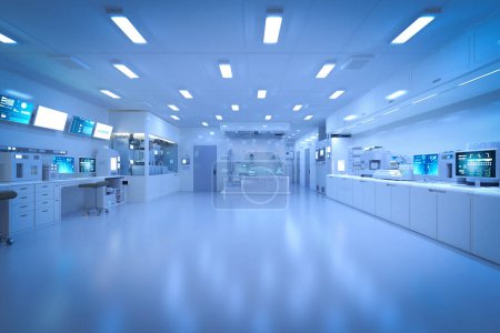 Foto de 3d renderizado interior de laboratorio futurista azul en fábrica de fabricación de semiconductores con máquina, pantalla de computadora y brazos robóticos - Imagen libre de derechos