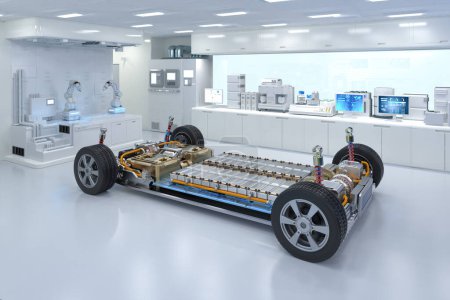 Electric car research and development with 3d rendering  ev car with pack of battery cells module on platform in laboratory