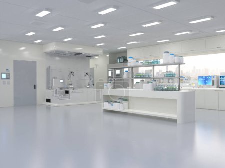 3D-Rendering weißen futuristischen Laborinnenraum in Halbleiter-Fertigungsfabrik mit Maschine, Computerbildschirm und Roboterarmen 