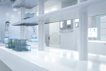 Foto de 3d renderizado laboratorio futurista blanco en fábrica de fabricación de semiconductores con máquina, pantalla de computadora y tubos de prueba - Imagen libre de derechos
