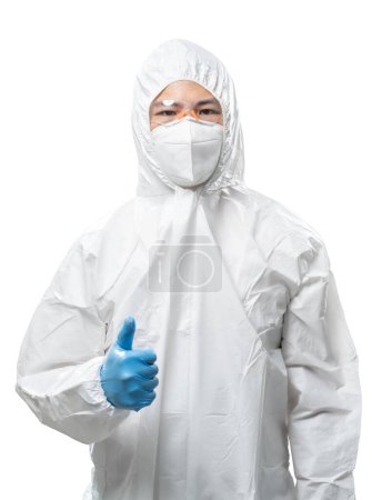 Photo for Worker wears medical protective suit or white coverall suit with mask and goggles thumb up isolated on white background - Royalty Free Image