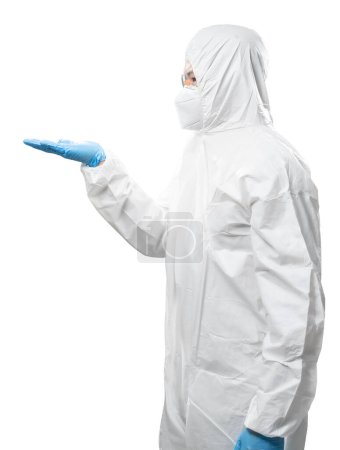 Photo for Worker wears medical protective suit or white coverall suit with mask and goggles hand extend isolated on white background - Royalty Free Image