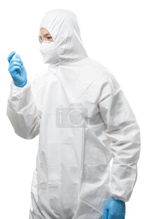 Photo for Worker wears medical protective suit or white coverall suit with mask and goggles hand extend isolated on white background - Royalty Free Image