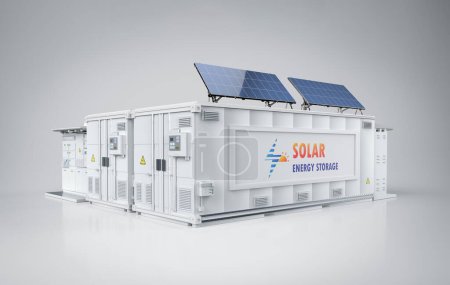 Photo for 3d rendering energy storage system or battery container unit with solar power - Royalty Free Image