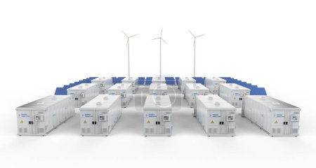Foto de 3d rendering amount of energy storage systems or battery container units with solar and turbine farm - Imagen libre de derechos