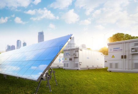 Téléchargez les photos : 3d rendering amount of energy storage systems or battery container units with solar and turbine farm - en image libre de droit