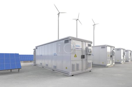 Foto de 3d rendering amount of energy storage systems or battery container units with solar and turbine farm - Imagen libre de derechos
