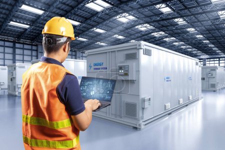 Téléchargez les photos : Engineer control energy storage system or battery container unit in factory - en image libre de droit