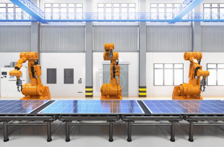 Téléchargez les photos : Automation factory with 3d rendering robot assembly line produce solar panels - en image libre de droit