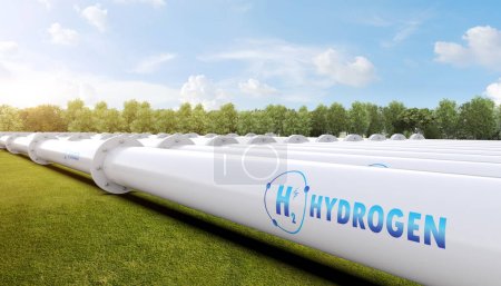 Téléchargez les photos : 3d rendering metal pipeline with green field and blue sky background - en image libre de droit