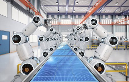 Foto de Automation factory with 3d rendering robot assembly line produce solar panels - Imagen libre de derechos