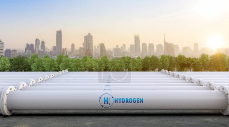 Photo for 3d rendering metal pipeline with green field and blue sky background - Royalty Free Image
