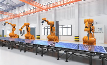 Foto de Automation factory with 3d rendering robot assembly line produce solar panels - Imagen libre de derechos