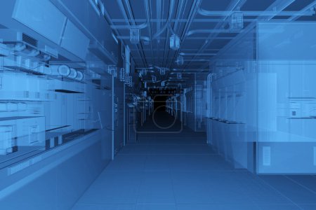 Foto de 3d rendering x-ray blue futuristic semiconductor manufacturing factory or laboratory interior with machine and computer screen - Imagen libre de derechos